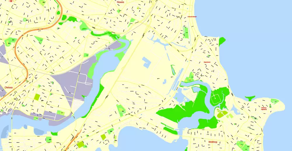 Printable Map Boston, Massachusetts, US, exact vector street G-View Plan City Level 17 (100 meters scale) map, V.05.02. fully editable, Adobe Illustrator