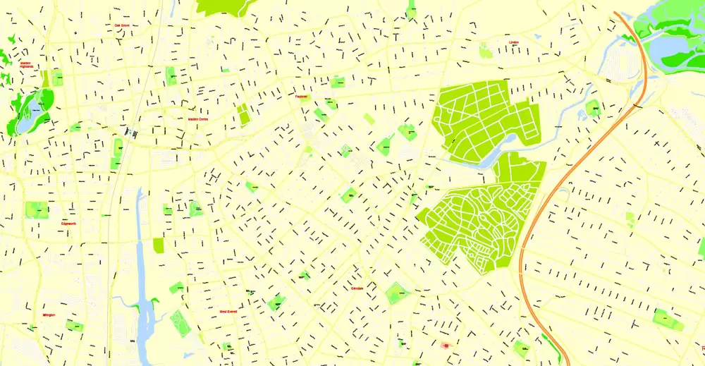 Printable Map Boston, Massachusetts, US, exact vector street G-View Plan City Level 17 (100 meters scale) map, V.05.02. fully editable, Adobe Illustrator