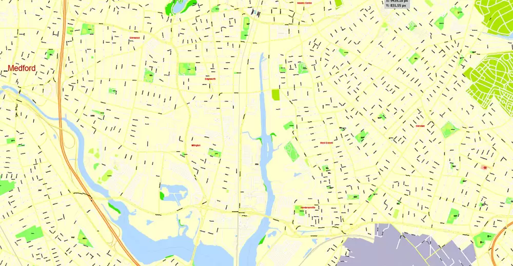 Printable Map Boston, Massachusetts, US, exact vector street G-View Plan City Level 17 (100 meters scale) map, V.05.02. fully editable, Adobe Illustrator