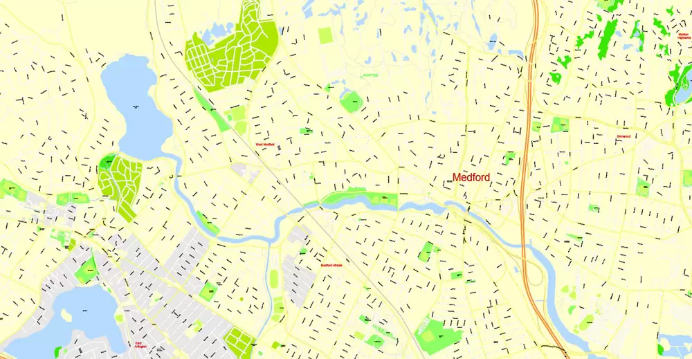 Printable Map Boston, Massachusetts, US, exact vector street G-View Plan City Level 17 (100 meters scale) map, V.05.02. fully editable, Adobe Illustrator