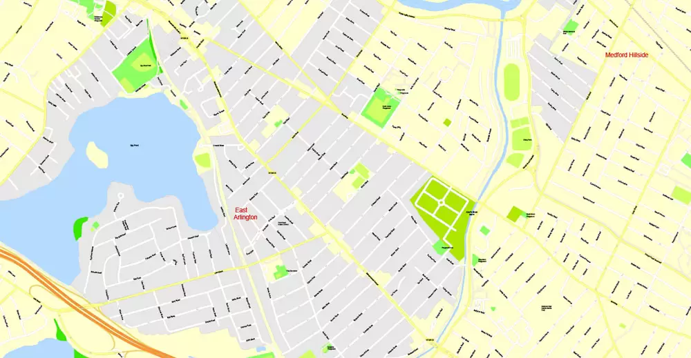 Printable Map Boston, Massachusetts, US, exact vector street G-View Plan City Level 17 (100 meters scale) map, V.05.02. fully editable, Adobe Illustrator