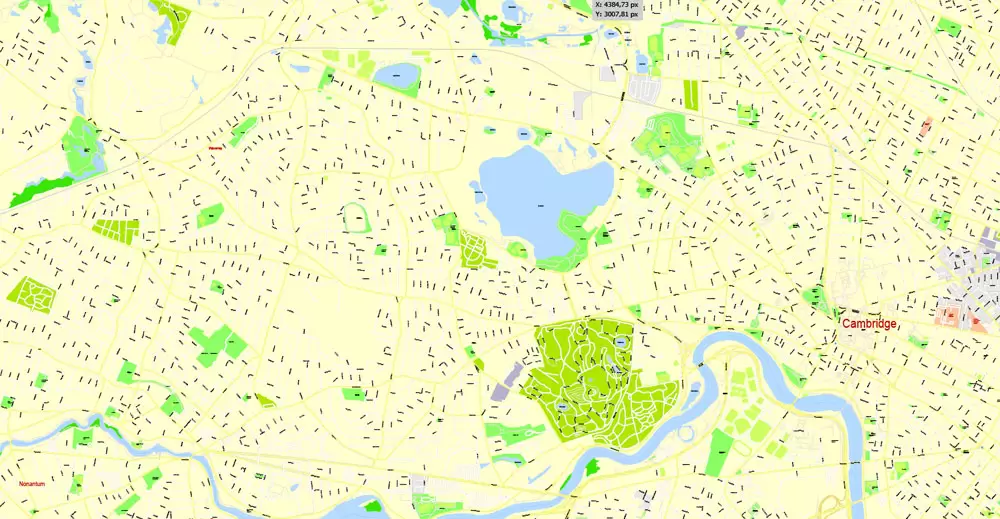 Printable Map Boston, Massachusetts, US, exact vector street G-View Plan City Level 17 (100 meters scale) map, V.05.02. fully editable, Adobe Illustrator