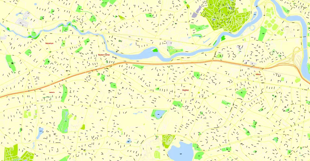 Printable Map Boston, Massachusetts, US, exact vector street G-View Plan City Level 17 (100 meters scale) map, V.05.02. fully editable, Adobe Illustrator