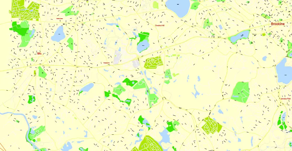 Printable Map Boston, Massachusetts, US, exact vector street G-View Plan City Level 17 (100 meters scale) map, V.05.02. fully editable, Adobe Illustrator