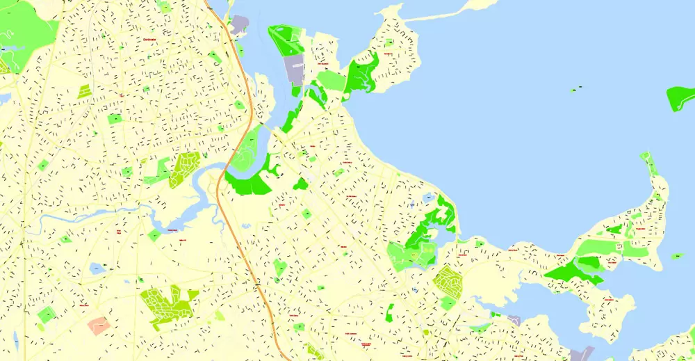 Printable Map Boston, Massachusetts, US, exact vector street G-View Plan City Level 17 (100 meters scale) map, V.05.02. fully editable, Adobe Illustrator