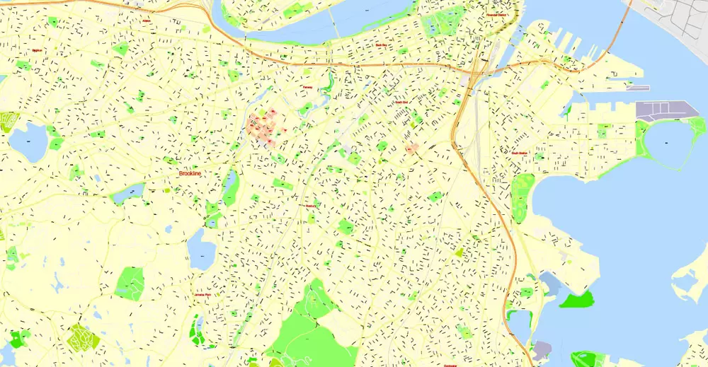 Printable Map Boston, Massachusetts, US, exact vector street G-View Plan City Level 17 (100 meters scale) map, V.05.02. fully editable, Adobe Illustrator