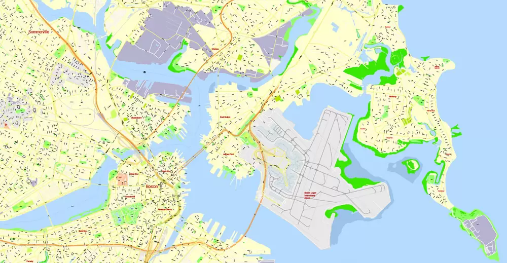 Printable Map Boston, Massachusetts, US, exact vector street G-View Plan City Level 17 (100 meters scale) map, V.05.02. fully editable, Adobe Illustrator