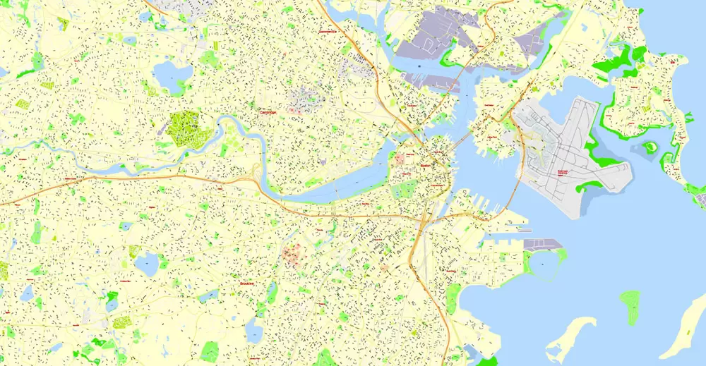 Printable Map Boston, Massachusetts, US, exact vector street G-View Plan City Level 17 (100 meters scale) map, V.05.02. fully editable, Adobe Illustrator