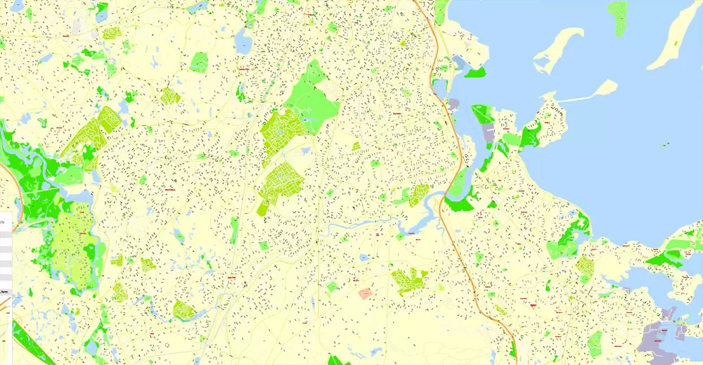Printable Map Boston, Massachusetts, US, exact vector street G-View Plan City Level 17 (100 meters scale) map, V.05.02. fully editable, Adobe Illustrator