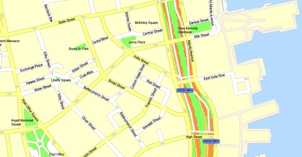 Printable Map Boston, Massachusetts, US, exact vector street G-View Plan City Level 17 (100 meters scale) map, V.05.02. fully editable, Adobe Illustrator
