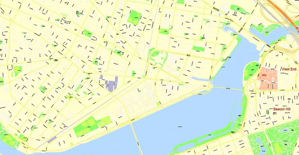 Printable Map Boston, Massachusetts, US, exact vector street G-View Plan City Level 17 (100 meters scale) map, V.05.02. fully editable, Adobe Illustrator