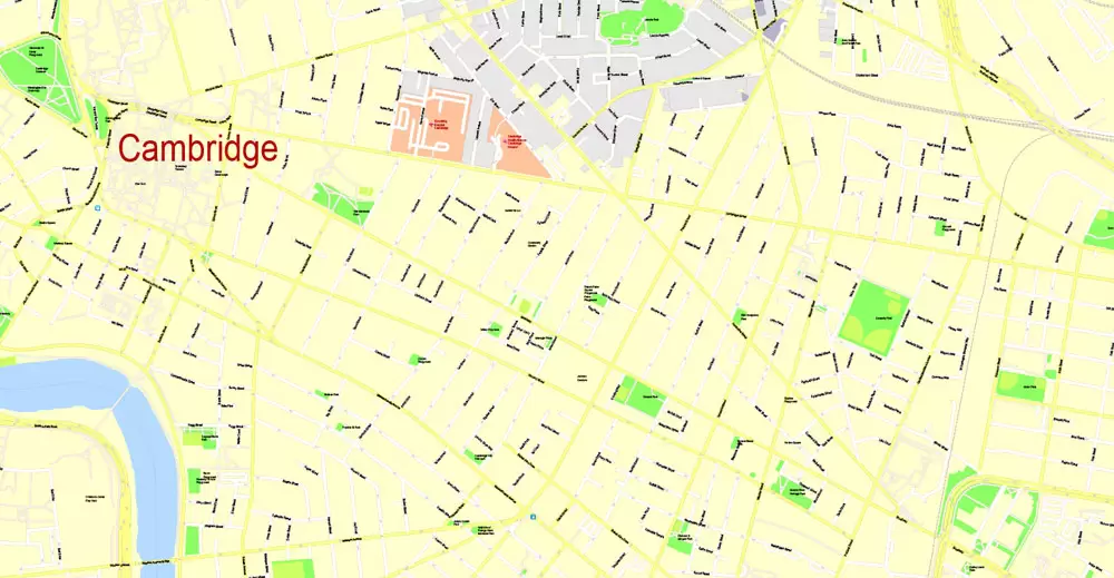 Printable Map Boston, Massachusetts, US, exact vector street G-View Plan City Level 17 (100 meters scale) map, V.05.02. fully editable, Adobe Illustrator