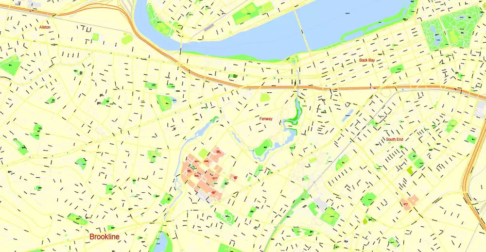 Printable Map Boston, Massachusetts, US, exact vector street G-View Plan City Level 17 (100 meters scale) map, V.05.02. fully editable, Adobe Illustrator