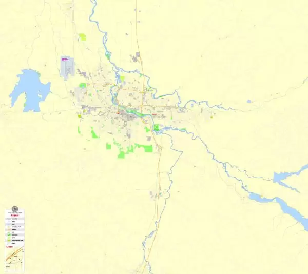 Printable Map Eugene + Springfield Oregon, US, exact vector street G-View Level 17 (2000 m scale) map, V.11. fully editable, Adobe Illustrator