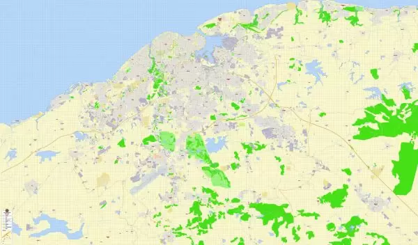 Printable Map Havana, Cuba, exact vector street G-View Plan City Level 17 (100 meters scale) map, V.14.02. fully editable, Adobe Illustrator, full vector, scalable, editable text format of street names, 5 Mb ZIP.