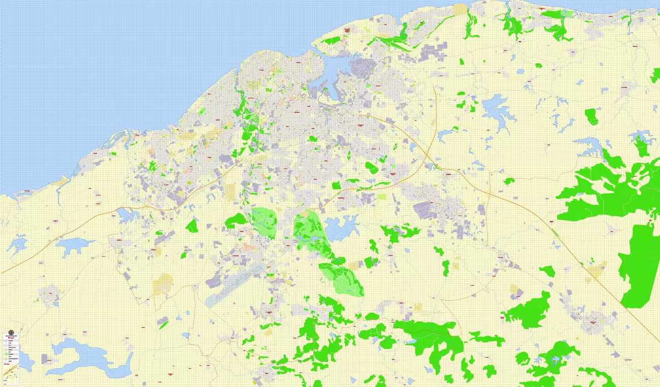 Printable Map Havana, Cuba, exact vector street G-View Plan City Level 17 (100 meters scale) map, V.14.02. fully editable, Adobe Illustrator, full vector, scalable, editable text format of street names, 5 Mb ZIP.