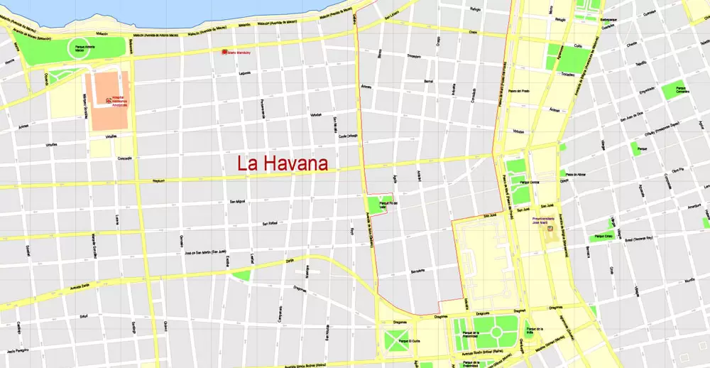 Printable Map Havana, Cuba, exact vector street G-View Plan City Level 17 (100 meters scale) map, V.14.02. fully editable, Adobe Illustrator, full vector, scalable, editable text format of street names, 5 Mb ZIP.