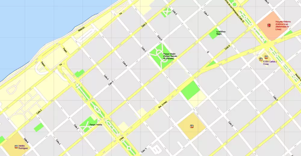 Printable Map Havana, Cuba, exact vector street G-View Plan City Level 17 (100 meters scale) map, V.14.02. fully editable, Adobe Illustrator, full vector, scalable, editable text format of street names, 5 Mb ZIP.
