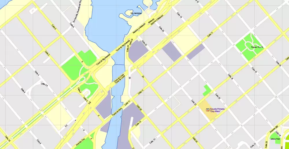 Printable Map Havana, Cuba, exact vector street G-View Plan City Level 17 (100 meters scale) map, V.14.02. fully editable, Adobe Illustrator, full vector, scalable, editable text format of street names, 5 Mb ZIP.