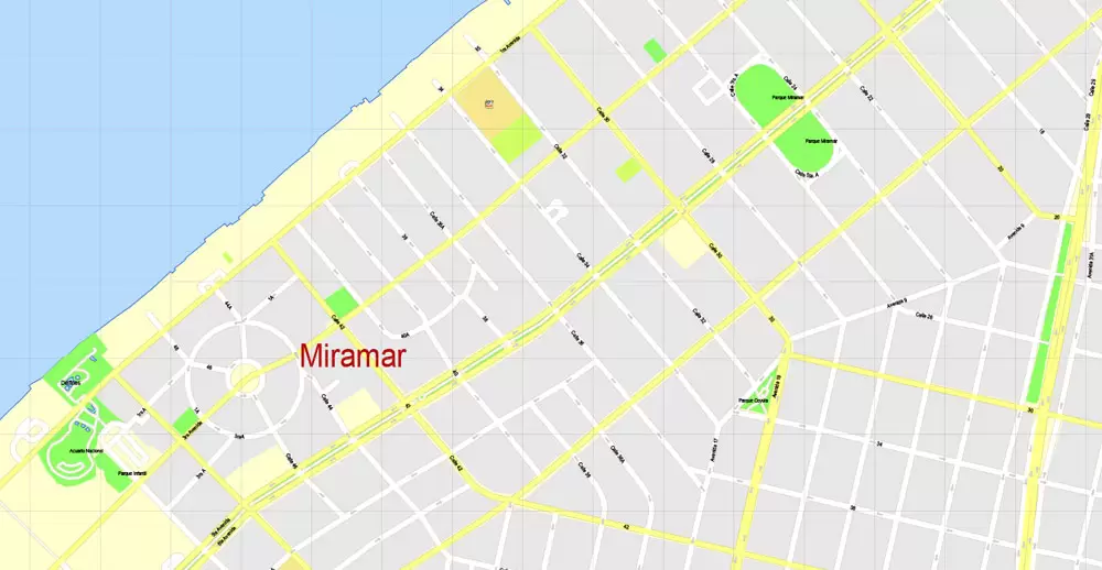 Printable Map Havana, Cuba, exact vector street G-View Plan City Level 17 (100 meters scale) map, V.14.02. fully editable, Adobe Illustrator, full vector, scalable, editable text format of street names, 5 Mb ZIP.