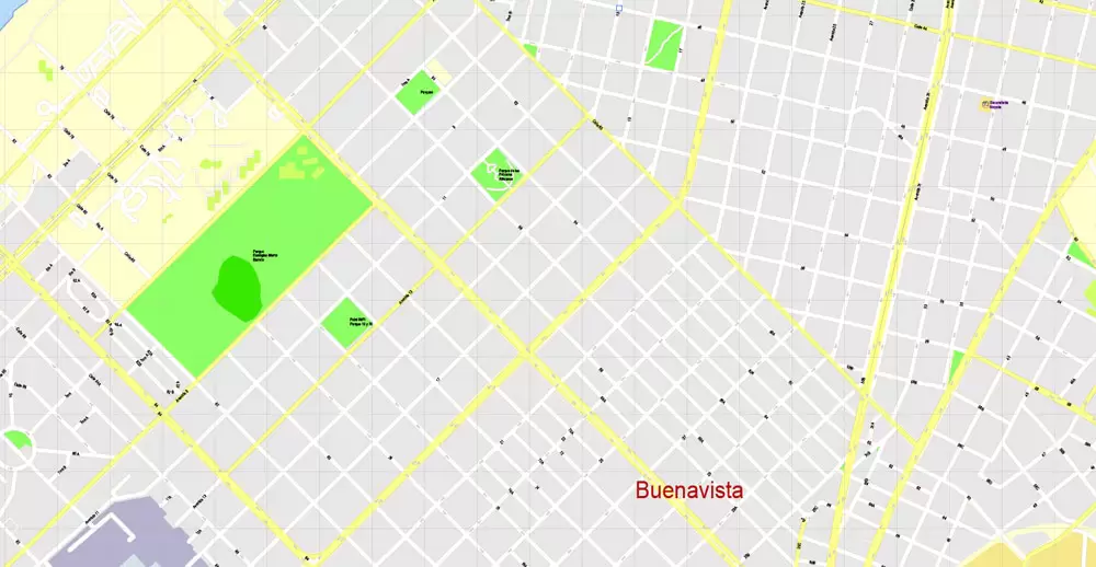 Printable Map Havana, Cuba, exact vector street G-View Plan City Level 17 (100 meters scale) map, V.14.02. fully editable, Adobe Illustrator, full vector, scalable, editable text format of street names, 5 Mb ZIP.