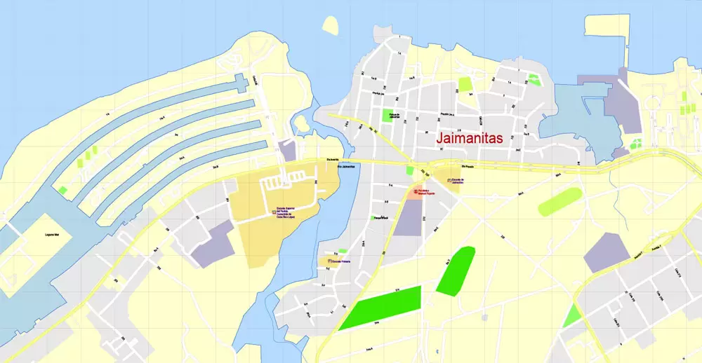 Printable Map Havana, Cuba, exact vector street G-View Plan City Level 17 (100 meters scale) map, V.14.02. fully editable, Adobe Illustrator, full vector, scalable, editable text format of street names, 5 Mb ZIP.