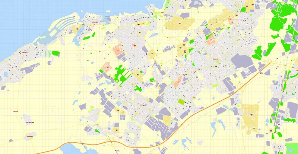 Printable Map Havana, Cuba, exact vector street G-View Plan City Level 17 (100 meters scale) map, V.14.02. fully editable, Adobe Illustrator, full vector, scalable, editable text format of street names, 5 Mb ZIP.