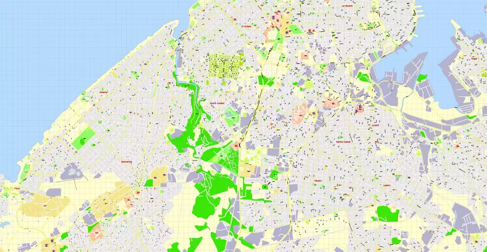 Printable Map Havana, Cuba, exact vector street G-View Plan City Level 17 (100 meters scale) map, V.14.02. fully editable, Adobe Illustrator, full vector, scalable, editable text format of street names, 5 Mb ZIP.