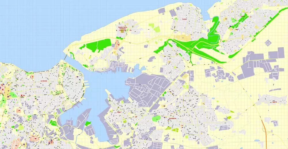 Printable Map Havana, Cuba, exact vector street G-View Plan City Level 17 (100 meters scale) map, V.14.02. fully editable, Adobe Illustrator, full vector, scalable, editable text format of street names, 5 Mb ZIP.