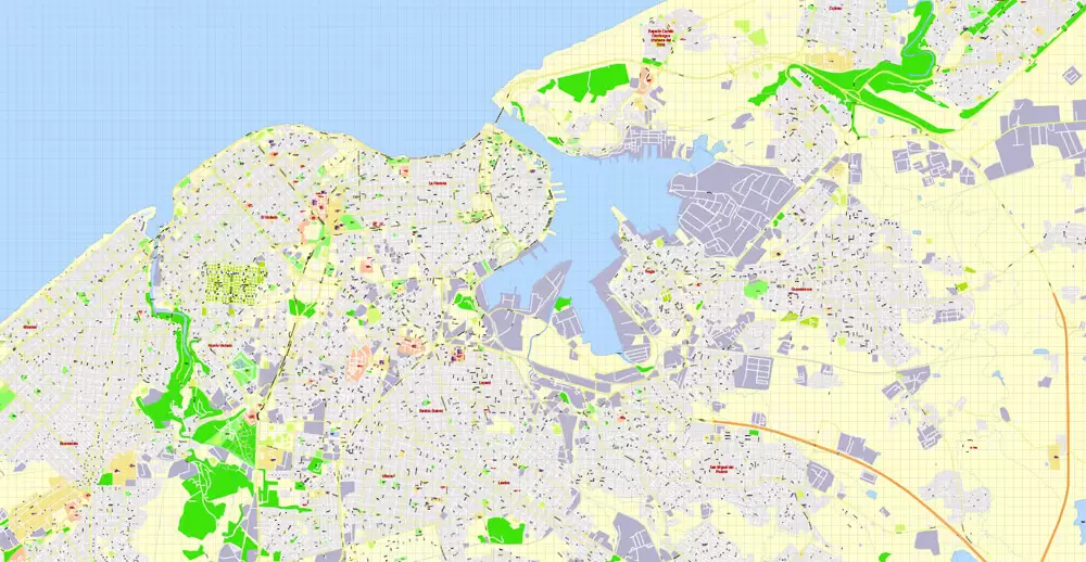 Printable Map Havana, Cuba, exact vector street G-View Plan City Level 17 (100 meters scale) map, V.14.02. fully editable, Adobe Illustrator, full vector, scalable, editable text format of street names, 5 Mb ZIP.