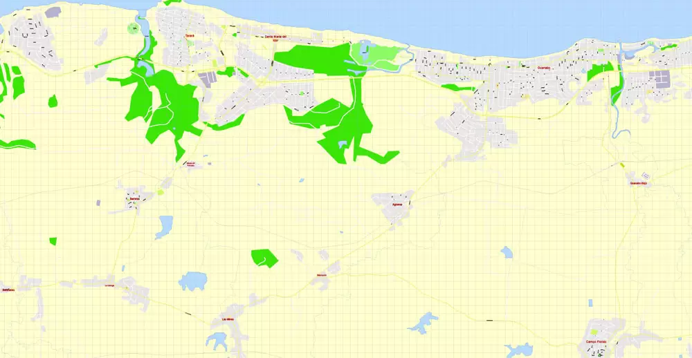 Printable Map Havana, Cuba, exact vector street G-View Plan City Level 17 (100 meters scale) map, V.14.02. fully editable, Adobe Illustrator, full vector, scalable, editable text format of street names, 5 Mb ZIP.