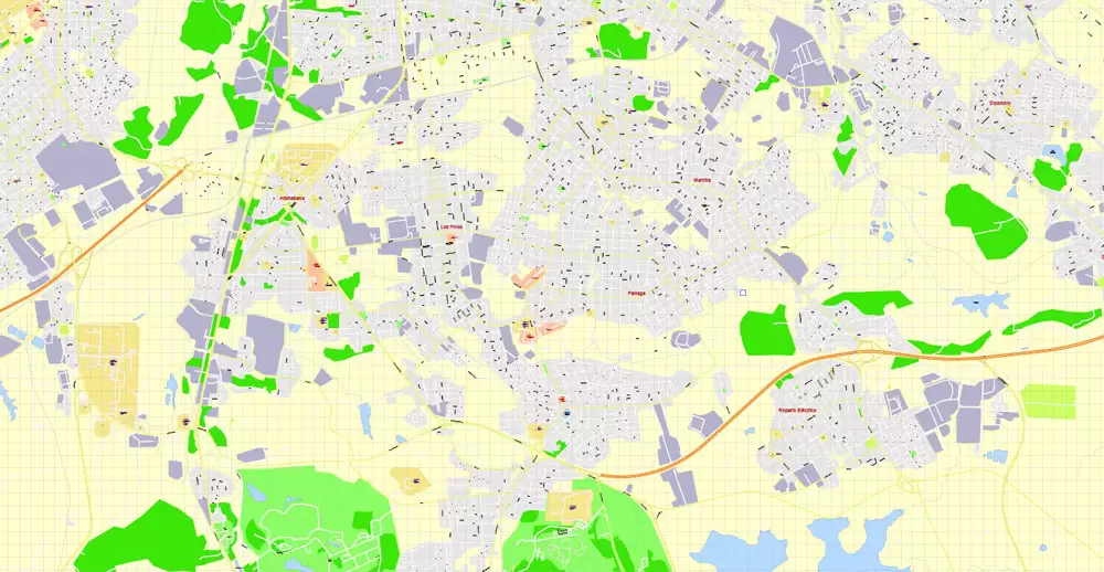 Printable Map Havana, Cuba, exact vector street G-View Plan City Level 17 (100 meters scale) map, V.14.02. fully editable, Adobe Illustrator, full vector, scalable, editable text format of street names, 5 Mb ZIP.