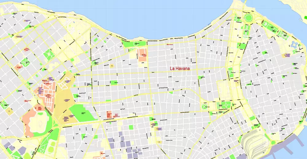 Printable Map Havana, Cuba, exact vector street G-View Plan City Level 17 (100 meters scale) map, V.14.02. fully editable, Adobe Illustrator, full vector, scalable, editable text format of street names, 5 Mb ZIP.