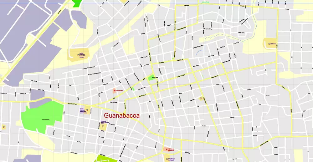 Printable Map Havana, Cuba, exact vector street G-View Plan City Level 17 (100 meters scale) map, V.14.02. fully editable, Adobe Illustrator, full vector, scalable, editable text format of street names, 5 Mb ZIP.