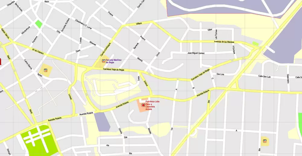 Printable Map Havana, Cuba, exact vector street G-View Plan City Level 17 (100 meters scale) map, V.14.02. fully editable, Adobe Illustrator, full vector, scalable, editable text format of street names, 5 Mb ZIP.