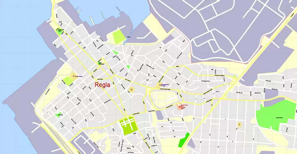 Printable Map Havana, Cuba, exact vector street G-View Plan City Level 17 (100 meters scale) map, V.14.02. fully editable, Adobe Illustrator, full vector, scalable, editable text format of street names, 5 Mb ZIP.