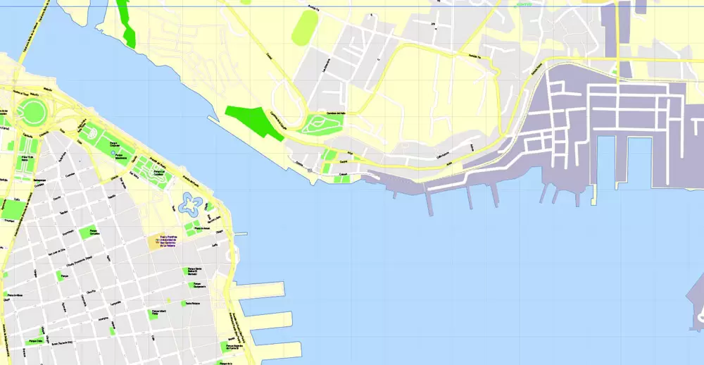 Printable Map Havana, Cuba, exact vector street G-View Plan City Level 17 (100 meters scale) map, V.14.02. fully editable, Adobe Illustrator, full vector, scalable, editable text format of street names, 5 Mb ZIP.