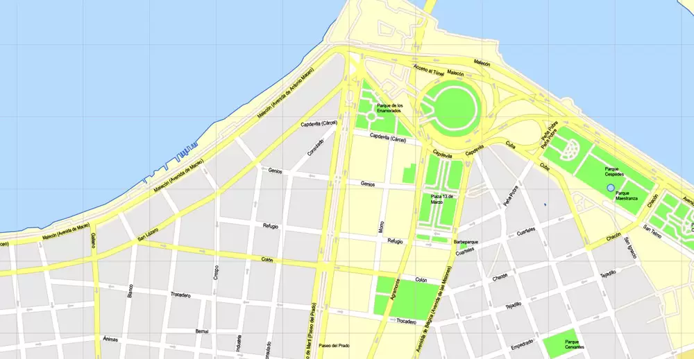 Printable Map Havana, Cuba, exact vector street G-View Plan City Level 17 (100 meters scale) map, V.14.02. fully editable, Adobe Illustrator, full vector, scalable, editable text format of street names, 5 Mb ZIP.