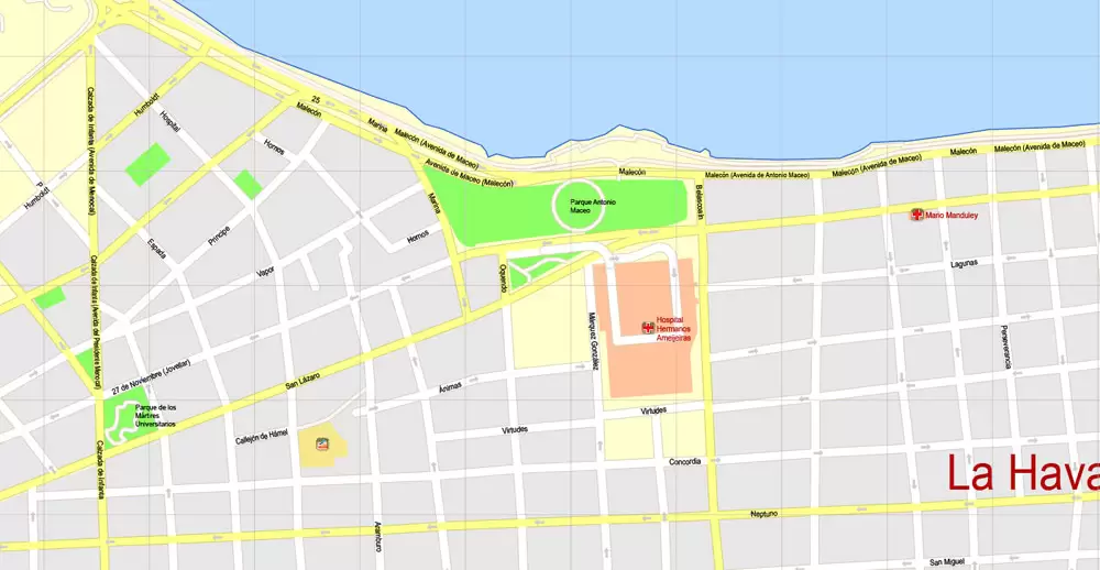 Printable Map Havana, Cuba, exact vector street G-View Plan City Level 17 (100 meters scale) map, V.14.02. fully editable, Adobe Illustrator, full vector, scalable, editable text format of street names, 5 Mb ZIP.