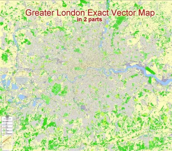 Printable Map Greater London, UK, exact vector street G-View Level 17 (2000 m scale) map, V.17 fully editable, Adobe Illustrator