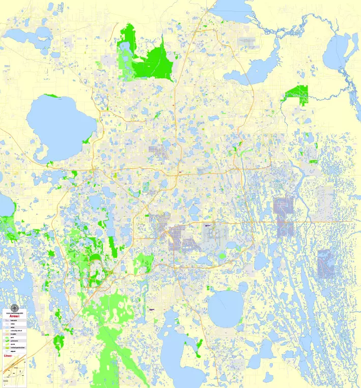 Printable Map Orlando Grande, Florida, US, exact vector street G-View Plan City Level 17 (100 meters scale) map, fully editable, Adobe Illustrator