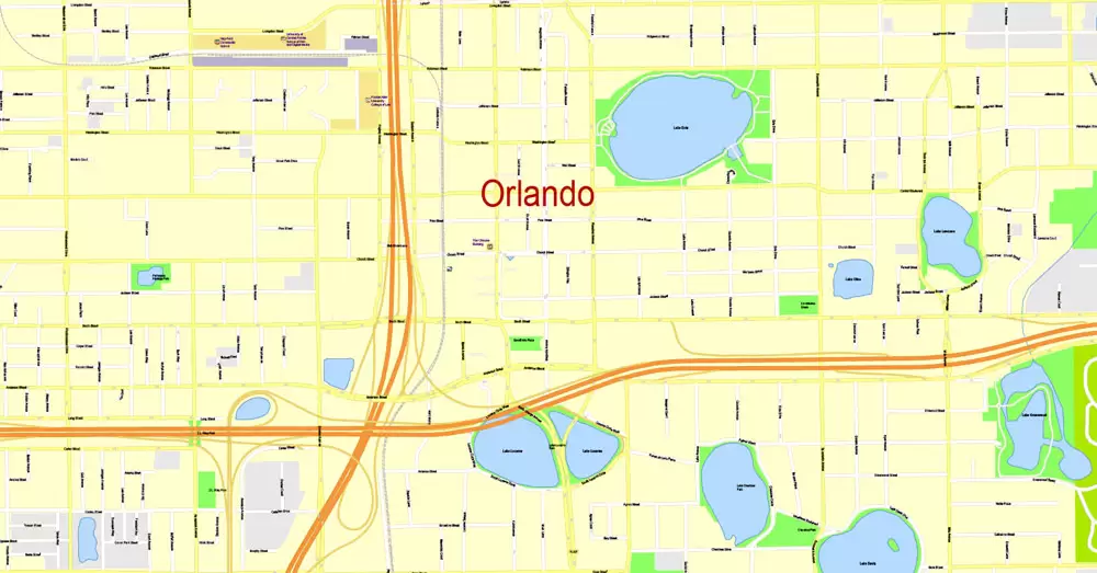 Printable Map Orlando Grande, Florida, US, exact vector street G-View Plan City Level 17 (100 meters scale) map, fully editable, Adobe Illustrator