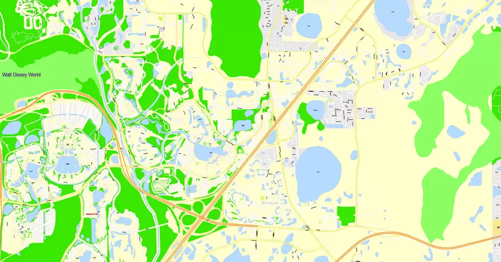 Printable Map Orlando Grande, Florida, US, exact vector street G-View Plan City Level 17 (100 meters scale) map, fully editable, Adobe Illustrator