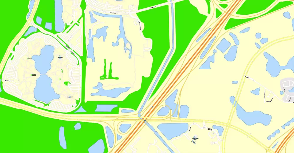 Printable Map Orlando Grande, Florida, US, exact vector street G-View Plan City Level 17 (100 meters scale) map, fully editable, Adobe Illustrator