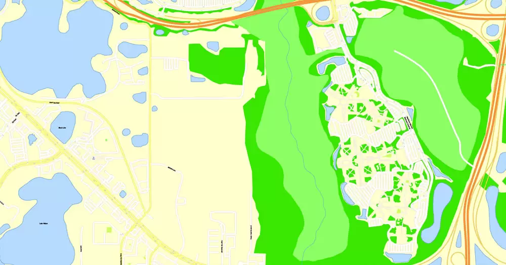 Printable Map Orlando Grande, Florida, US, exact vector street G-View Plan City Level 17 (100 meters scale) map, fully editable, Adobe Illustrator