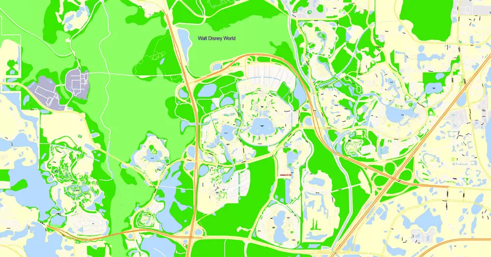 Printable Map Orlando Grande, Florida, US, exact vector street G-View Plan City Level 17 (100 meters scale) map, fully editable, Adobe Illustrator