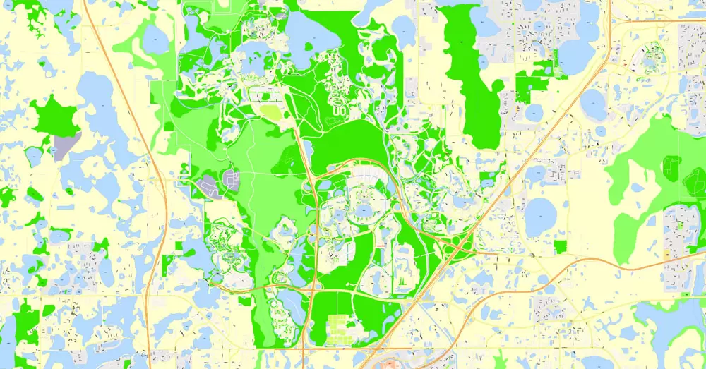 Printable Map Orlando Grande, Florida, US, exact vector street G-View Plan City Level 17 (100 meters scale) map, fully editable, Adobe Illustrator