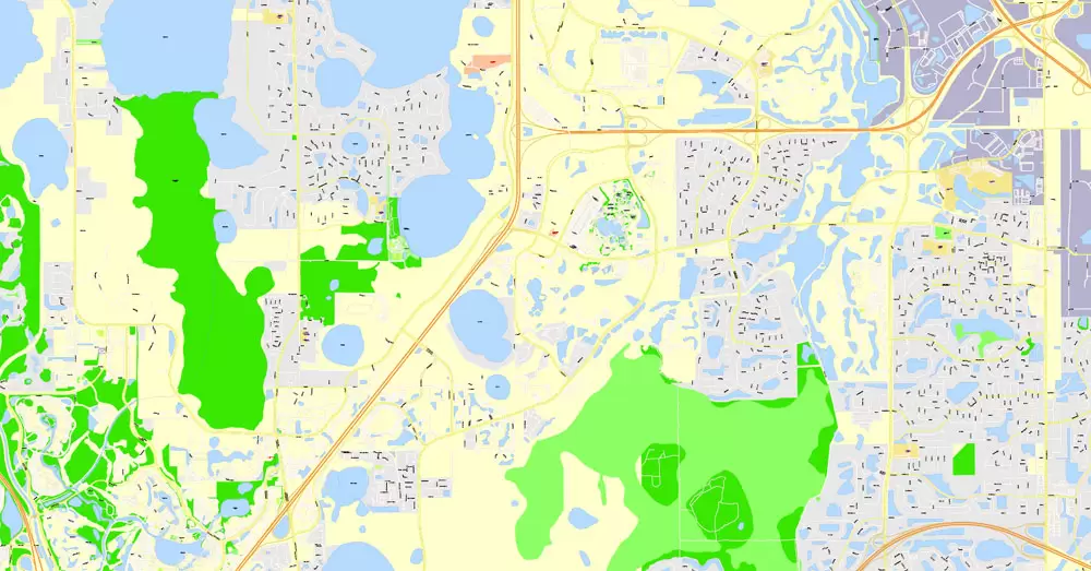 Printable Map Orlando Grande, Florida, US, exact vector street G-View Plan City Level 17 (100 meters scale) map, fully editable, Adobe Illustrator