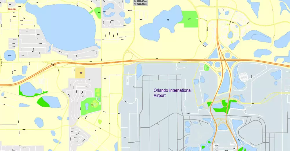 Printable Map Orlando Grande, Florida, US, exact vector street G-View Plan City Level 17 (100 meters scale) map, fully editable, Adobe Illustrator