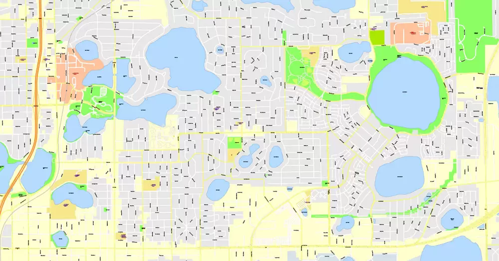 Printable Map Orlando Grande, Florida, US, exact vector street G-View Plan City Level 17 (100 meters scale) map, fully editable, Adobe Illustrator